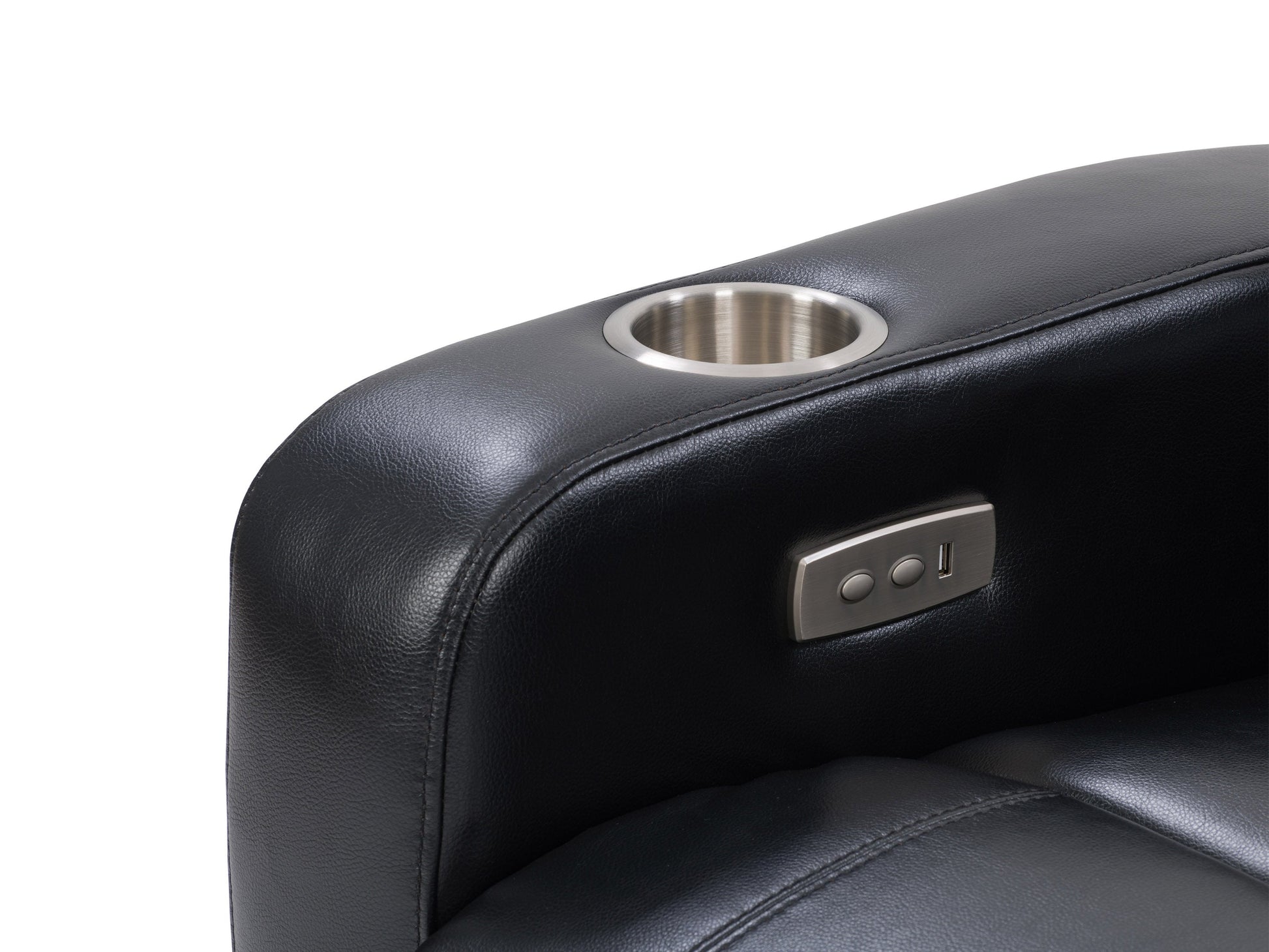 Black leather power recliner with cup holder, plush cushioning, and sleek design. Features include adjustable headrest, ergonomic armrests, and smooth reclining mechanism for ultimate comfort.