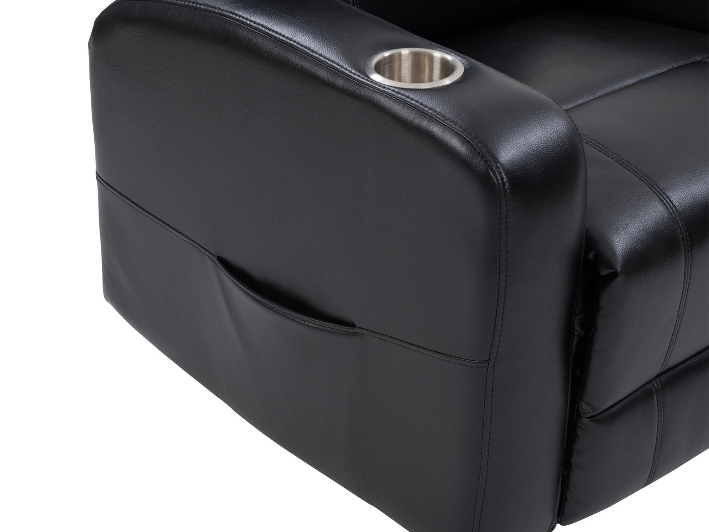 Black leather power recliner with cup holder, plush cushioning, and sleek design. Features include adjustable headrest, ergonomic armrests, and smooth reclining mechanism for ultimate comfort.