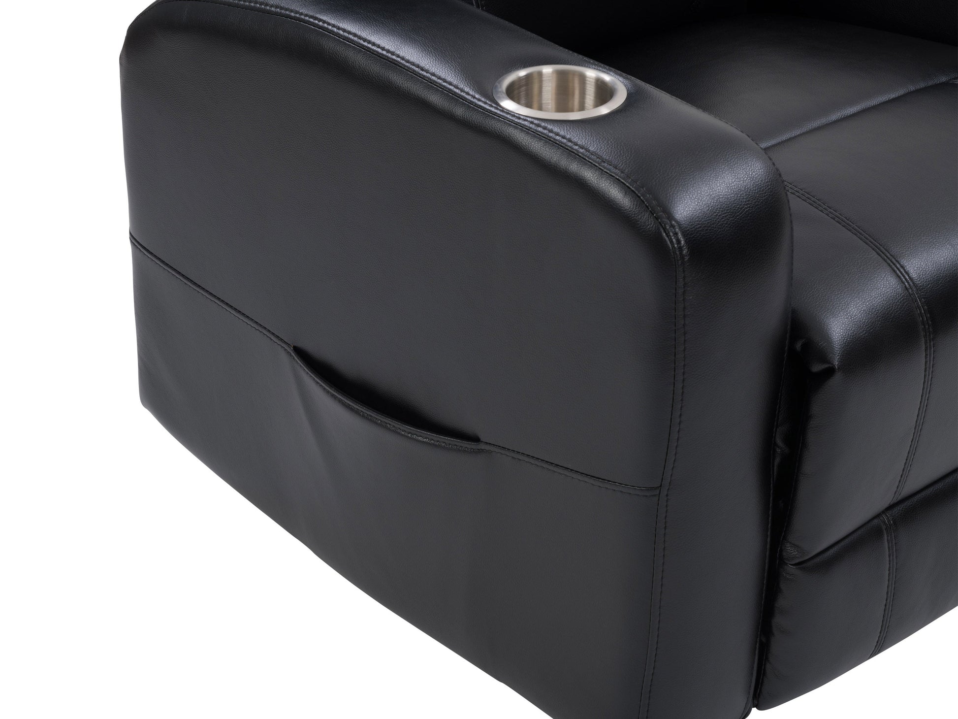 Black leather power recliner with cup holder, plush cushioning, and sleek design. Features include adjustable headrest, ergonomic armrests, and smooth reclining mechanism for ultimate comfort.