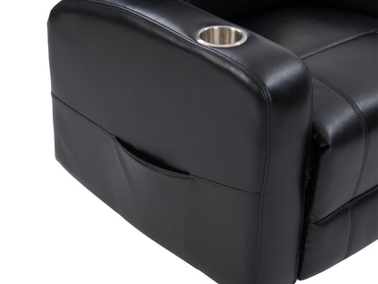 Black leather power recliner with cup holder, plush cushioning, and sleek design. Features include adjustable headrest, ergonomic armrests, and smooth reclining mechanism for ultimate comfort.
