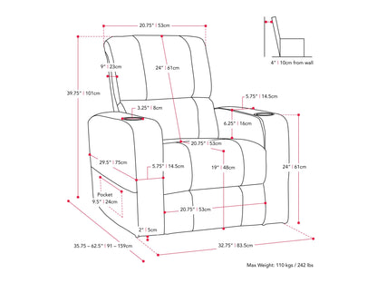 Black leather power recliner with cup holder, plush cushioning, and sleek design. Features include adjustable headrest, ergonomic armrests, and smooth reclining mechanism for ultimate comfort.