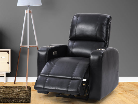 Black leather power recliner with cup holder, plush cushioning, and sleek design. Features include adjustable headrest, ergonomic armrests, and smooth reclining mechanism for ultimate comfort.