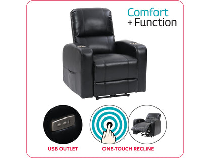 Black leather power recliner with cup holder, plush cushioning, and sleek design. Features include adjustable headrest, ergonomic armrests, and smooth reclining mechanism for ultimate comfort.