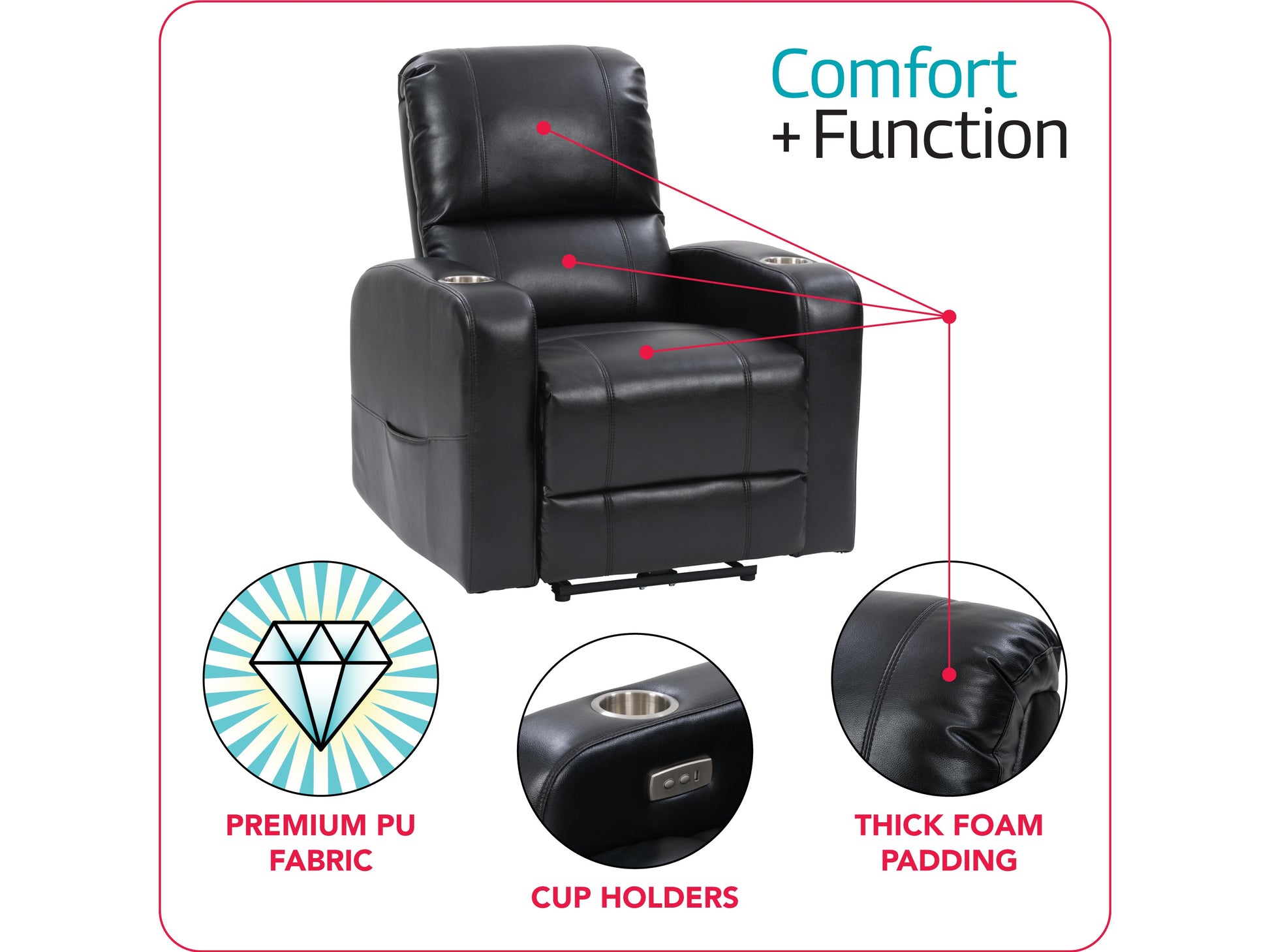 Black leather power recliner with cup holder, plush cushioning, and sleek design. Features include adjustable headrest, ergonomic armrests, and smooth reclining mechanism for ultimate comfort.