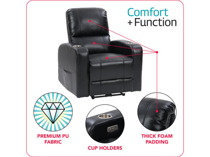 Black leather power recliner with cup holder, plush cushioning, and sleek design. Features include adjustable headrest, ergonomic armrests, and smooth reclining mechanism for ultimate comfort.