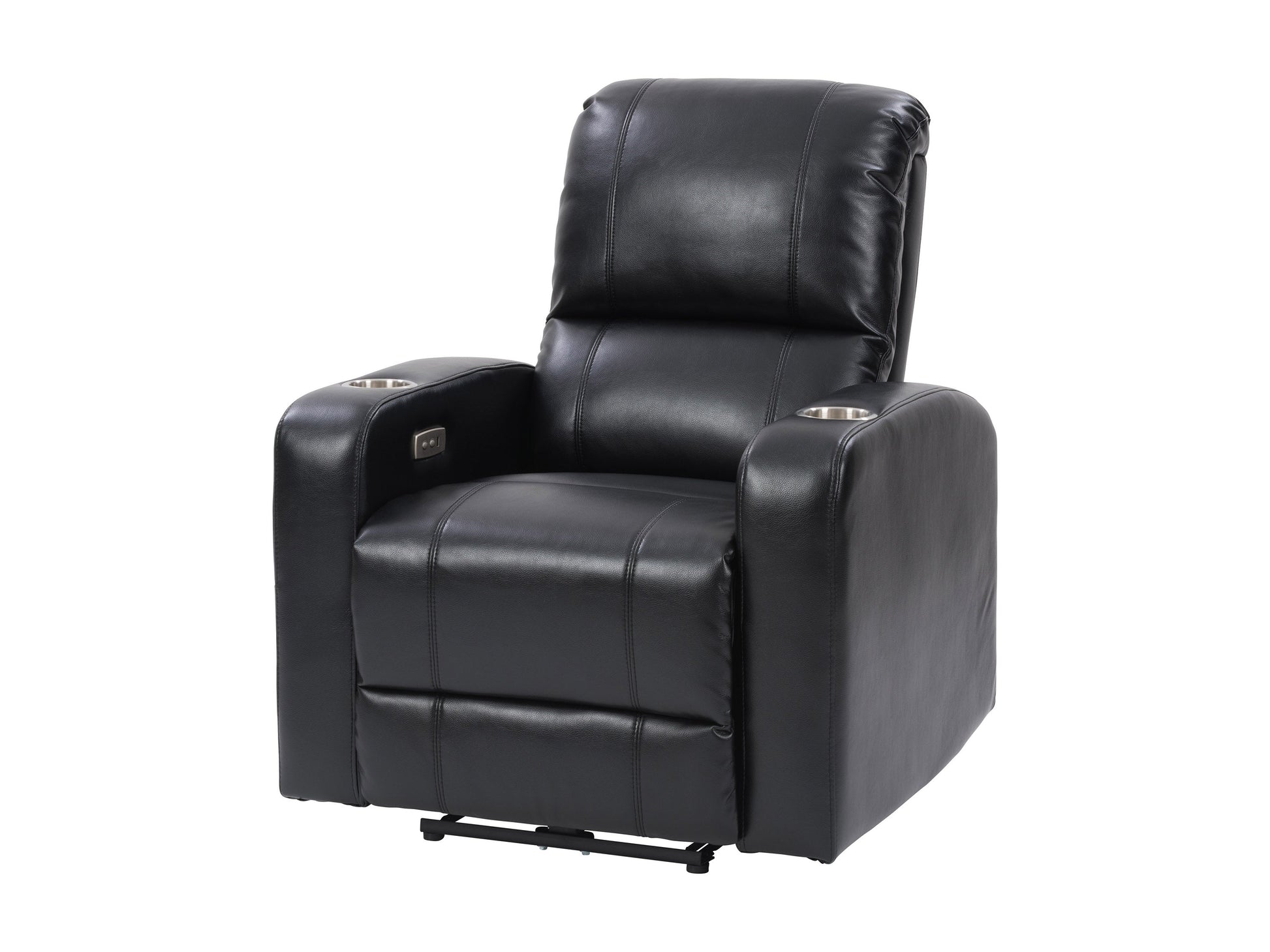 Black leather power recliner with cup holder, plush cushioning, and sleek design. Features include adjustable headrest, ergonomic armrests, and smooth reclining mechanism for ultimate comfort.