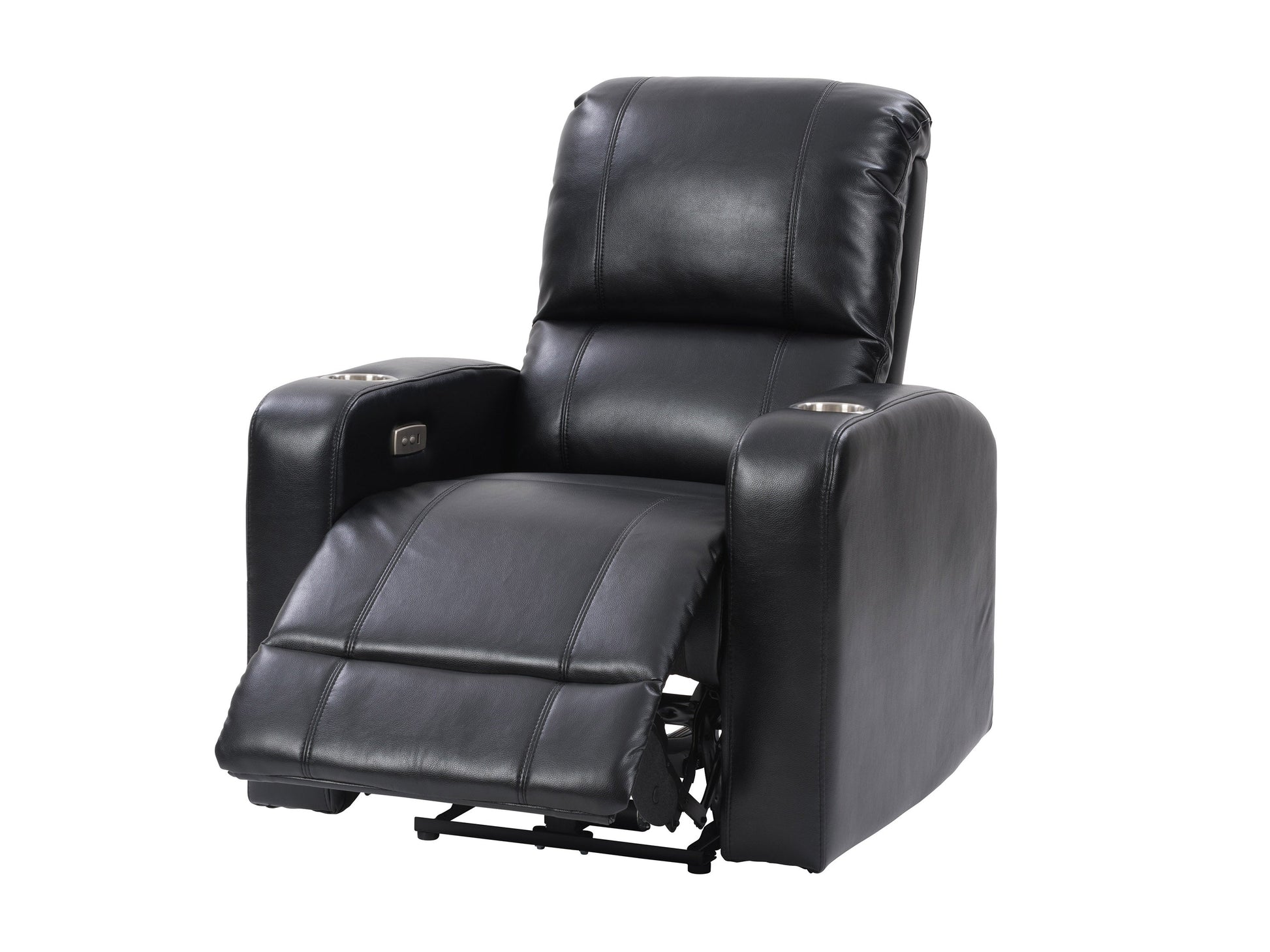 Black leather power recliner with cup holder, plush cushioning, and sleek design. Features include adjustable headrest, ergonomic armrests, and smooth reclining mechanism for ultimate comfort.