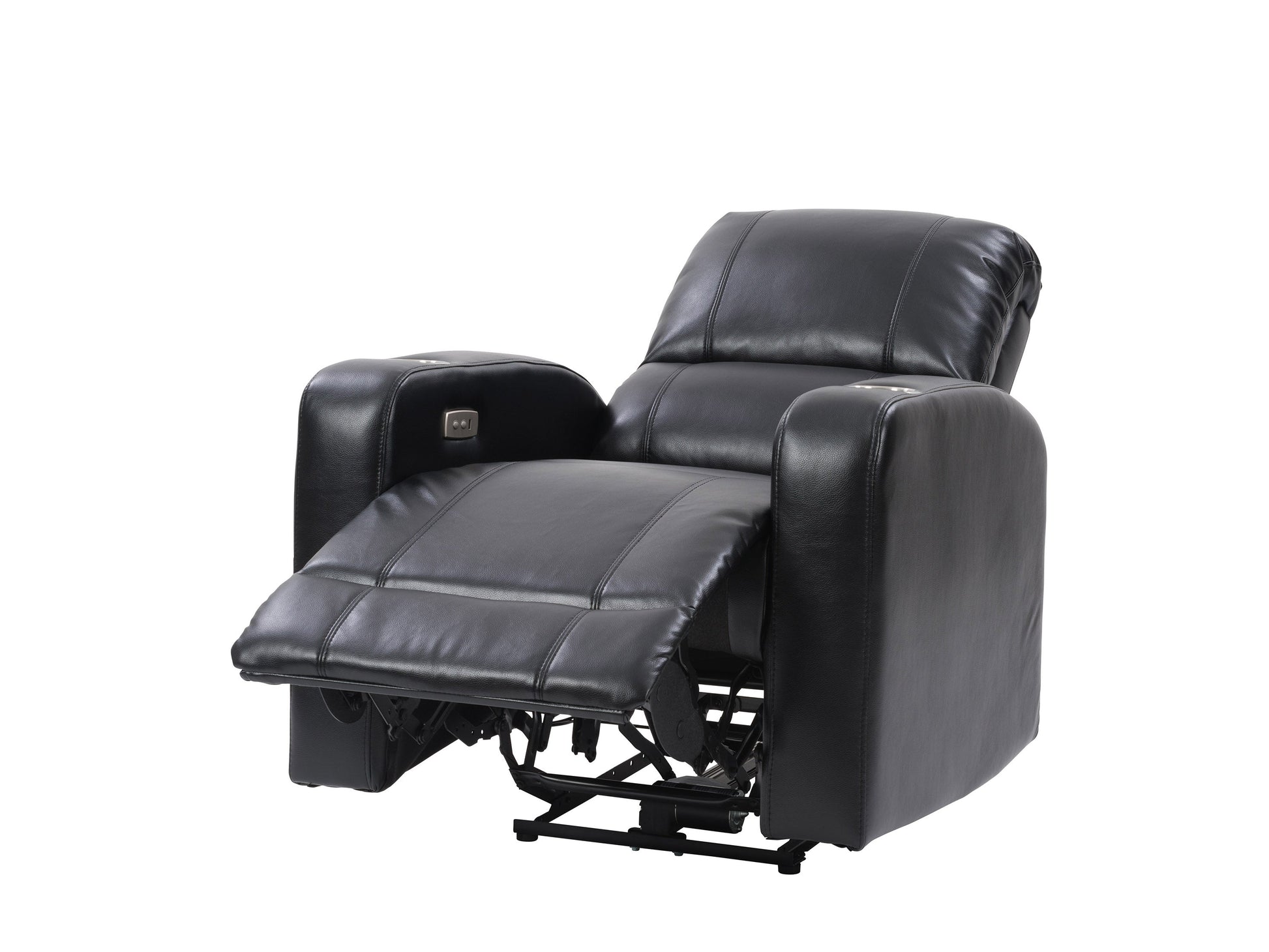 Black leather power recliner with cup holder, plush cushioning, and sleek design. Features include adjustable headrest, ergonomic armrests, and smooth reclining mechanism for ultimate comfort.