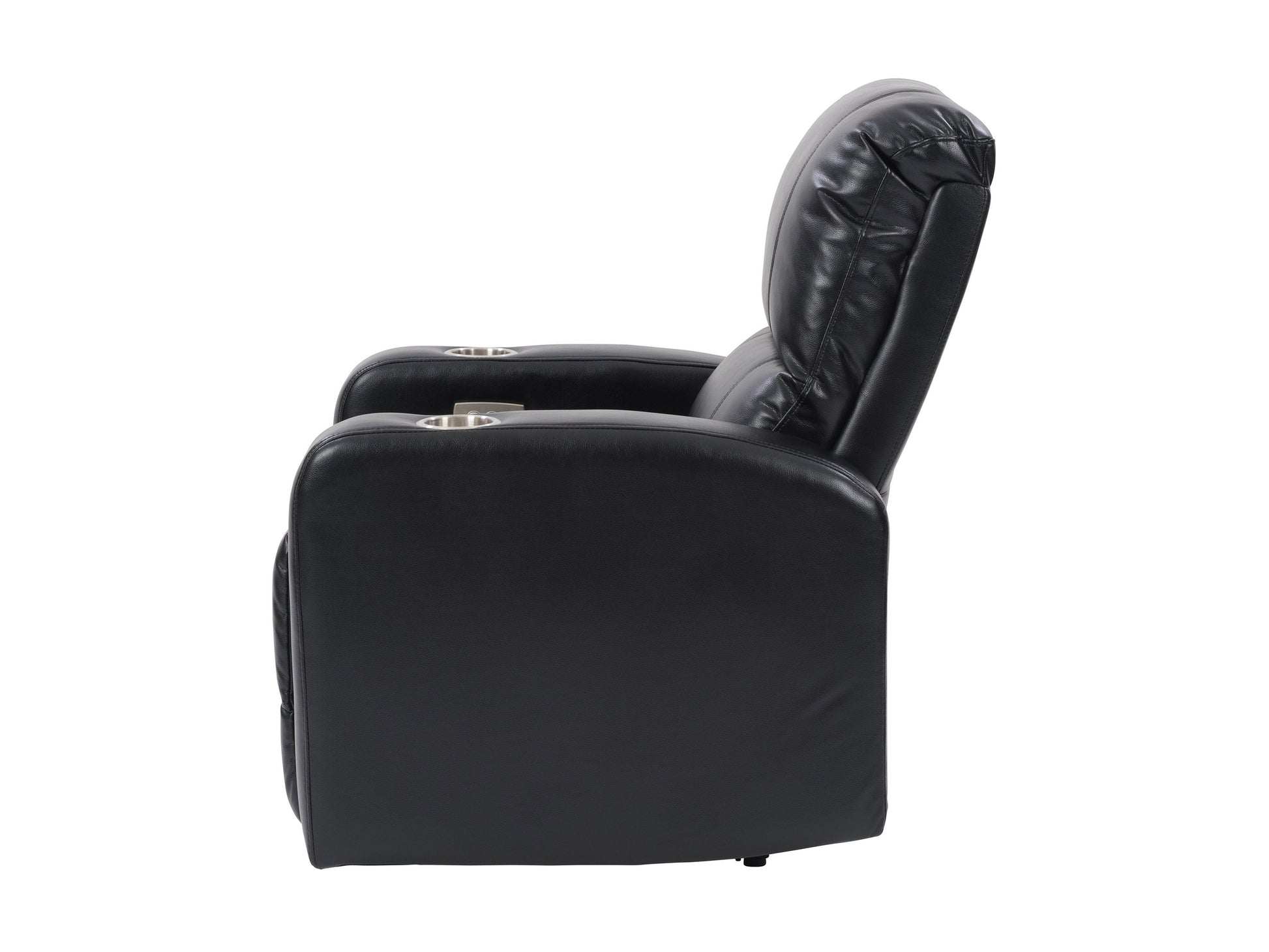 Black leather power recliner with cup holder, plush cushioning, and sleek design. Features include adjustable headrest, ergonomic armrests, and smooth reclining mechanism for ultimate comfort.