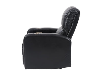 Black leather power recliner with cup holder, plush cushioning, and sleek design. Features include adjustable headrest, ergonomic armrests, and smooth reclining mechanism for ultimate comfort.