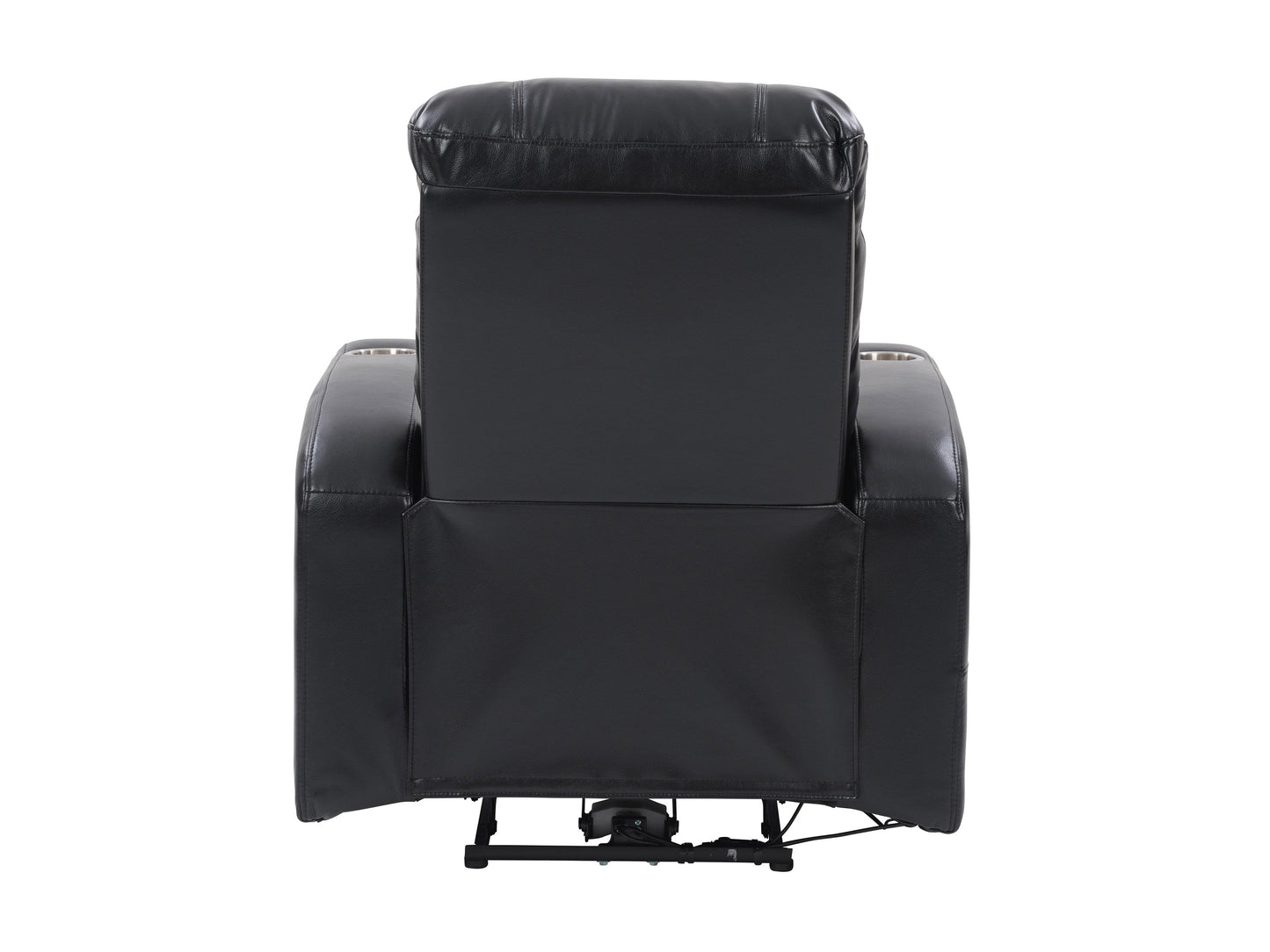 Black leather power recliner with cup holder, plush cushioning, and sleek design. Features include adjustable headrest, ergonomic armrests, and smooth reclining mechanism for ultimate comfort.