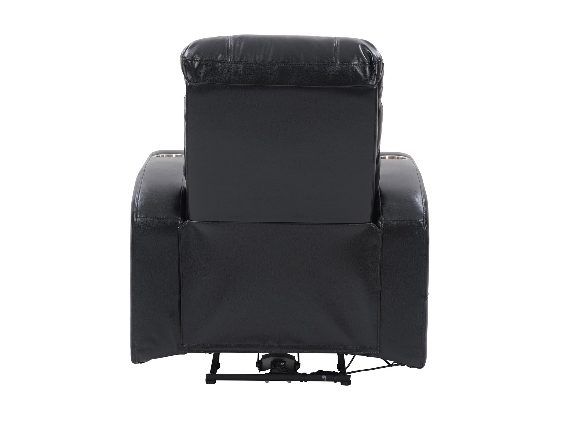Black leather power recliner with cup holder, plush cushioning, and sleek design. Features include adjustable headrest, ergonomic armrests, and smooth reclining mechanism for ultimate comfort.