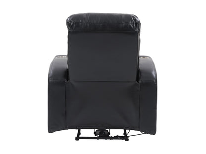 Black leather power recliner with cup holder, plush cushioning, and sleek design. Features include adjustable headrest, ergonomic armrests, and smooth reclining mechanism for ultimate comfort.