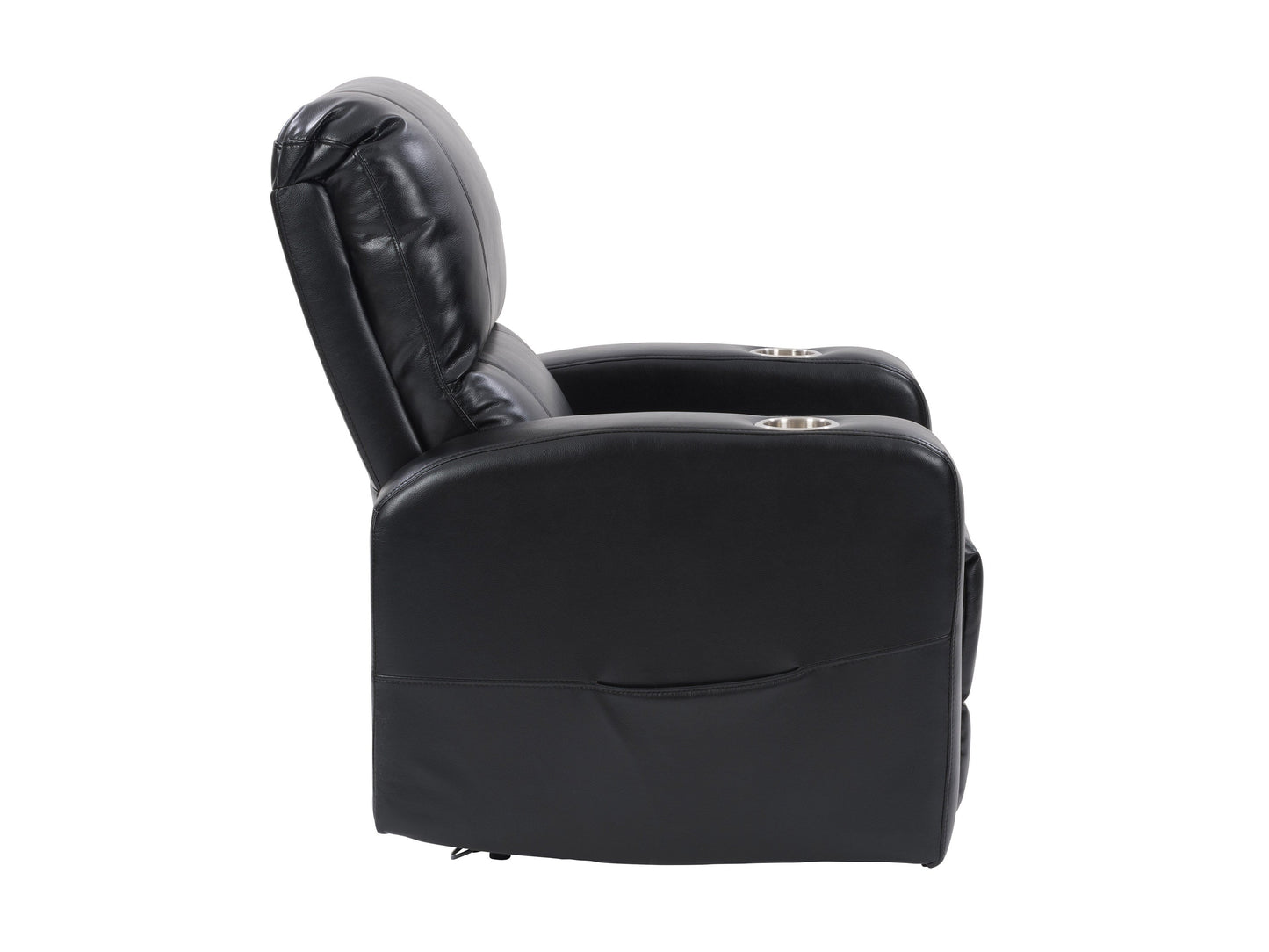 Black leather power recliner with cup holder, plush cushioning, and sleek design. Features include adjustable headrest, ergonomic armrests, and smooth reclining mechanism for ultimate comfort.