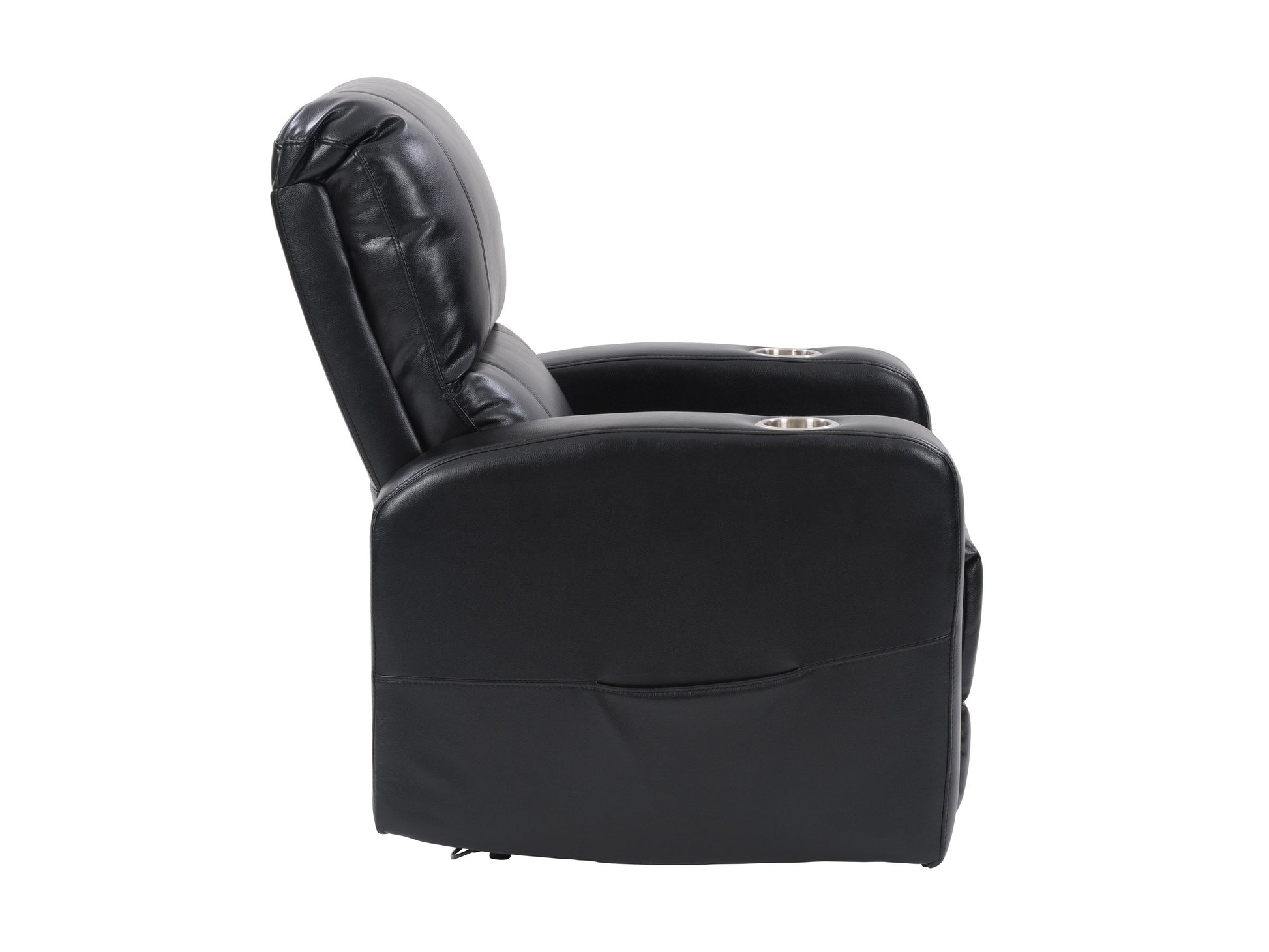 Black leather power recliner with cup holder, plush cushioning, and sleek design. Features include adjustable headrest, ergonomic armrests, and smooth reclining mechanism for ultimate comfort.