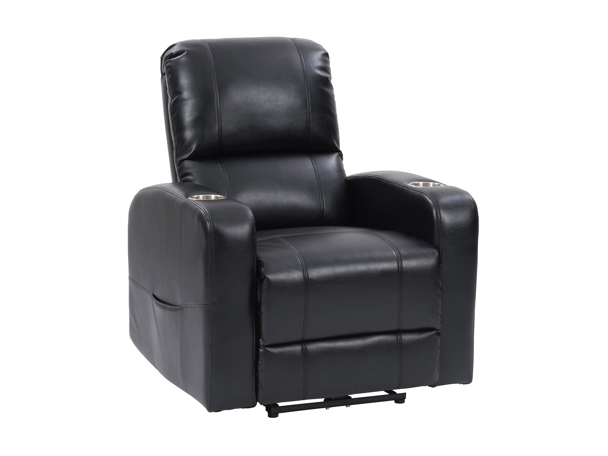 Black leather power recliner with cup holder, plush cushioning, and sleek design. Features include adjustable headrest, ergonomic armrests, and smooth reclining mechanism for ultimate comfort.