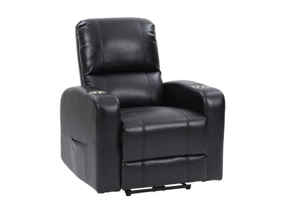 Black leather power recliner with cup holder, plush cushioning, and sleek design. Features include adjustable headrest, ergonomic armrests, and smooth reclining mechanism for ultimate comfort.