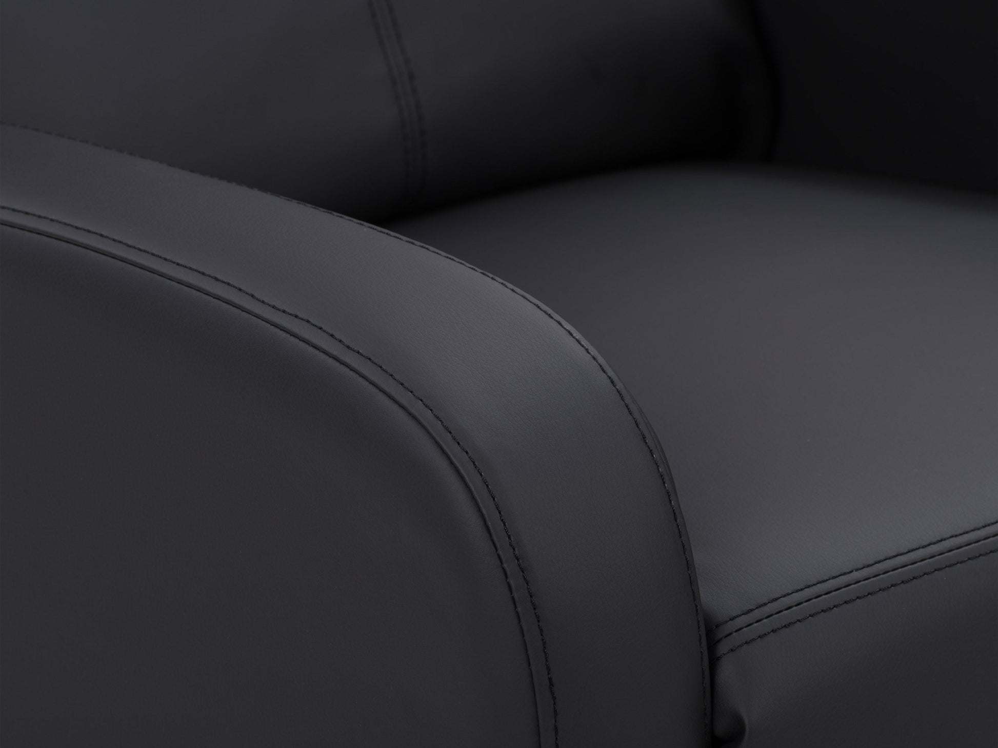 Black push back recliner with sleek leather upholstery, cushioned armrests, and a reclining mechanism for optimal comfort. Ideal for living rooms, home theaters, or offices.