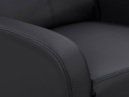 Black push back recliner with sleek leather upholstery, cushioned armrests, and a reclining mechanism for optimal comfort. Ideal for living rooms, home theaters, or offices.