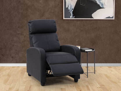 Black push back recliner with sleek leather upholstery, cushioned armrests, and a reclining mechanism for optimal comfort. Ideal for living rooms, home theaters, or offices.