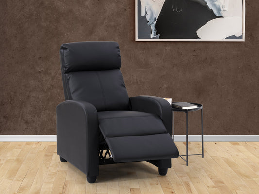 Black push back recliner with sleek leather upholstery, cushioned armrests, and a reclining mechanism for optimal comfort. Ideal for living rooms, home theaters, or offices.