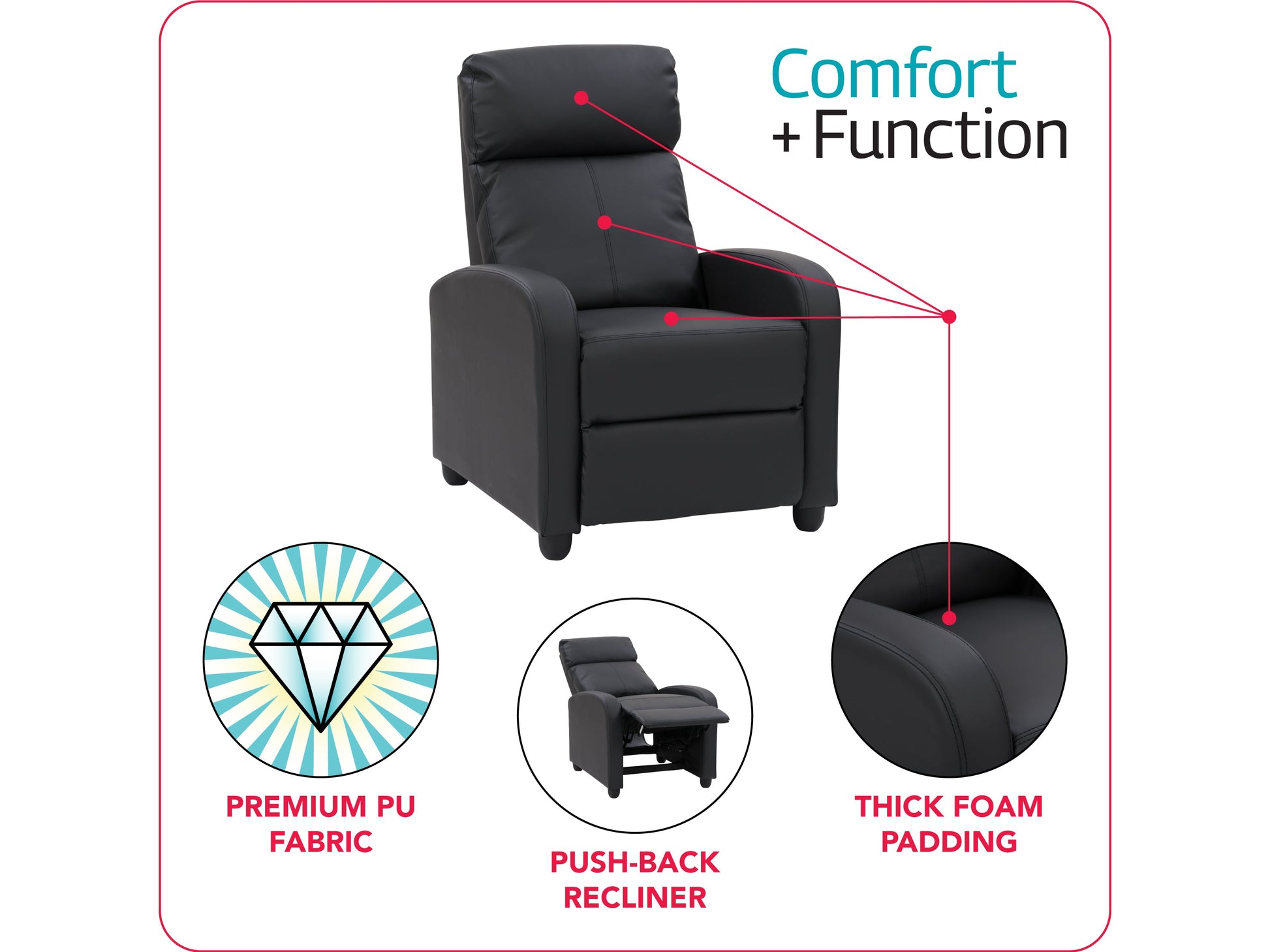 Black push back recliner with sleek leather upholstery, cushioned armrests, and a reclining mechanism for optimal comfort. Ideal for living rooms, home theaters, or offices.