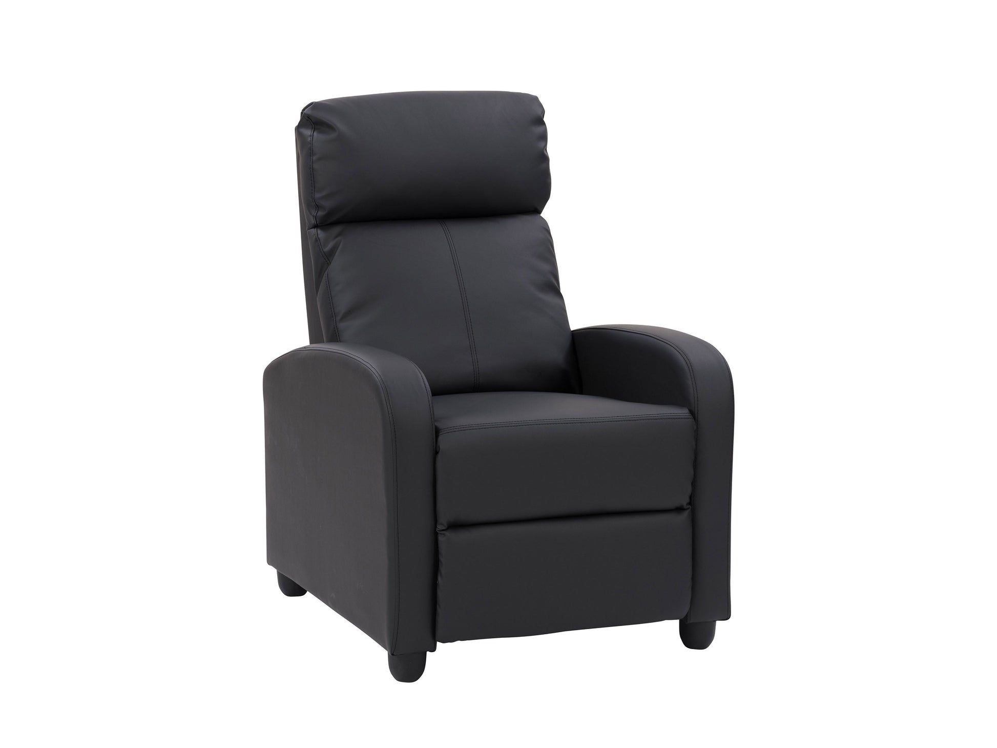 Black push back recliner with sleek leather upholstery, cushioned armrests, and a reclining mechanism for optimal comfort. Ideal for living rooms, home theaters, or offices.