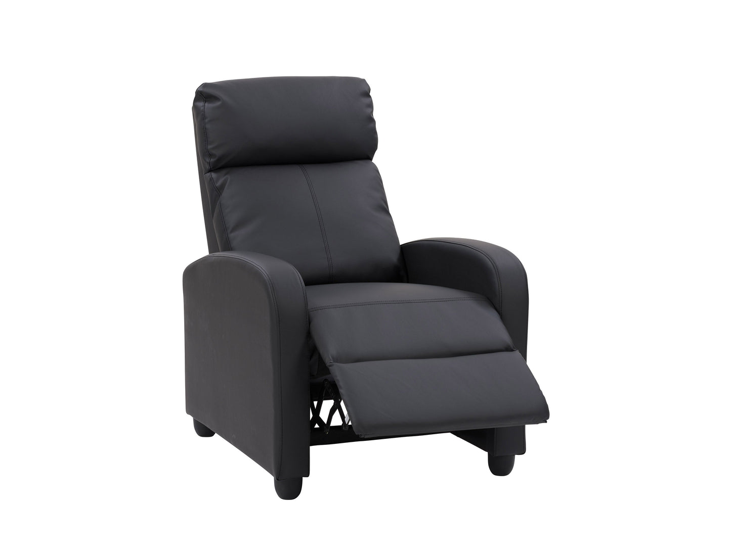 Black push back recliner with sleek leather upholstery, cushioned armrests, and a reclining mechanism for optimal comfort. Ideal for living rooms, home theaters, or offices.