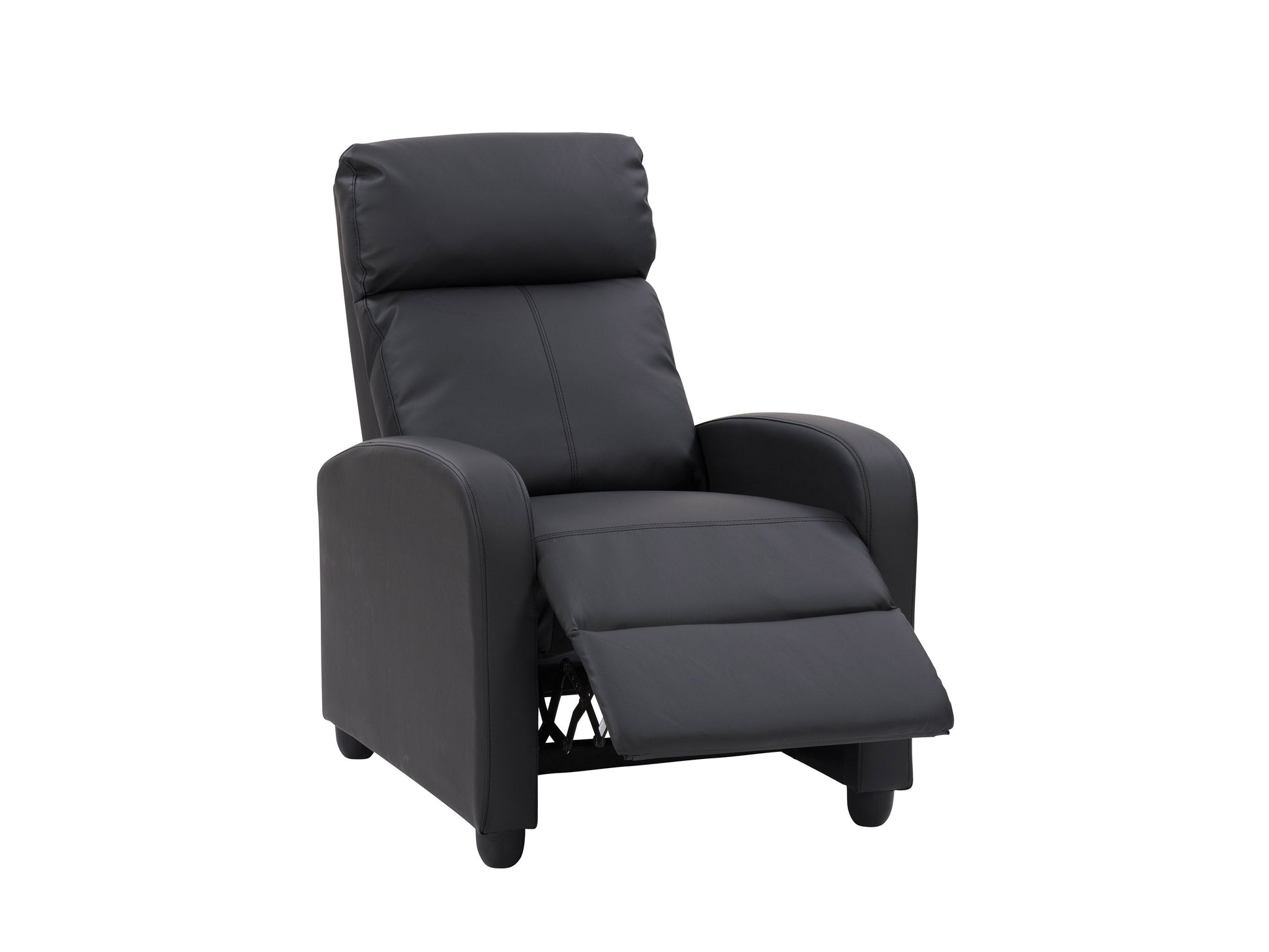 Black push back recliner with sleek leather upholstery, cushioned armrests, and a reclining mechanism for optimal comfort. Ideal for living rooms, home theaters, or offices.