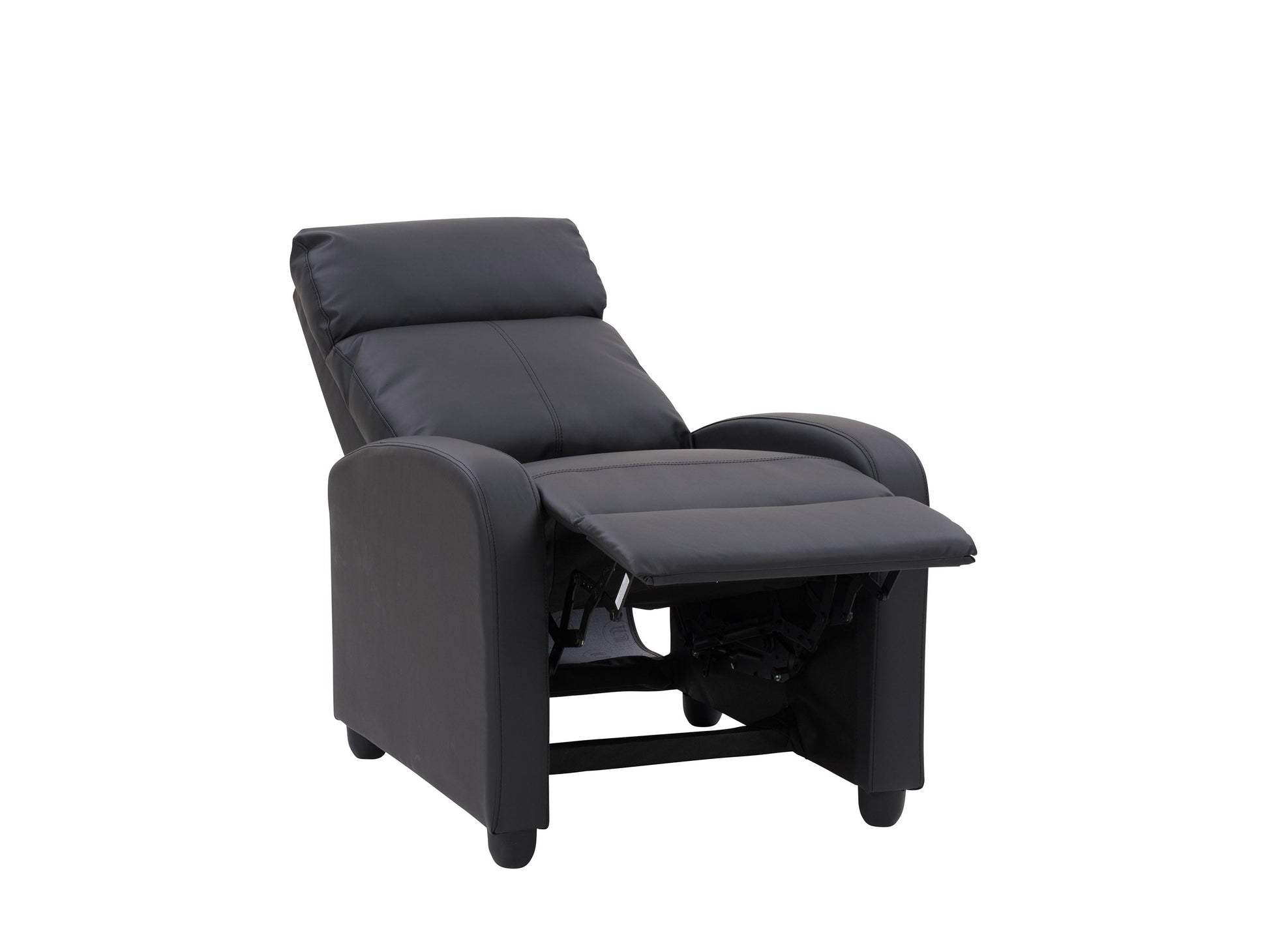Black push back recliner with sleek leather upholstery, cushioned armrests, and a reclining mechanism for optimal comfort. Ideal for living rooms, home theaters, or offices.