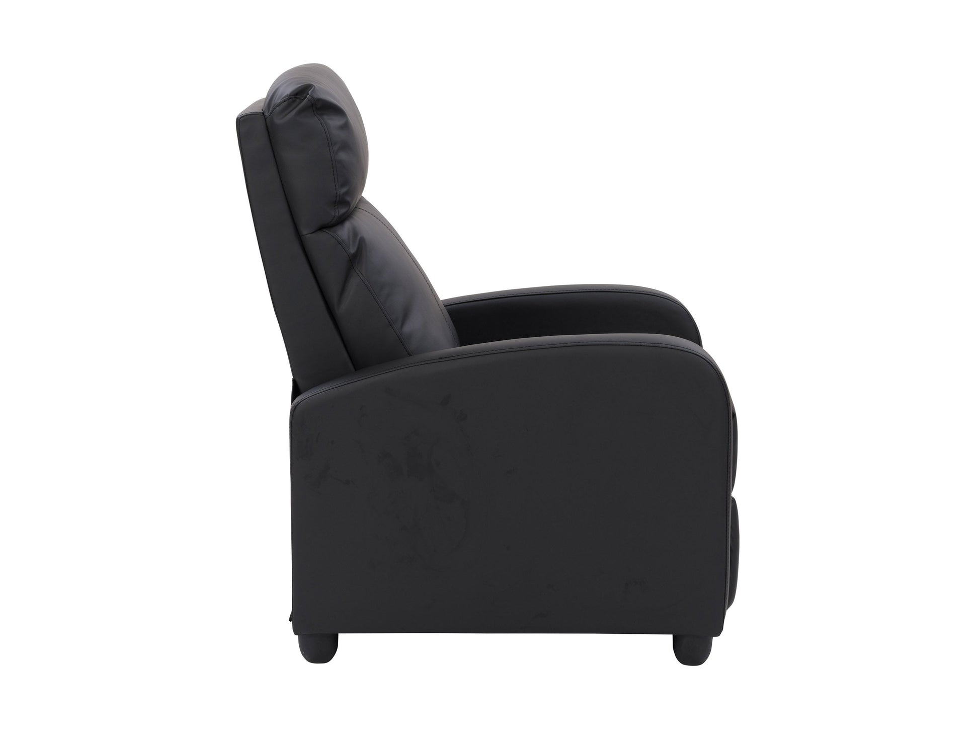 Black push back recliner with sleek leather upholstery, cushioned armrests, and a reclining mechanism for optimal comfort. Ideal for living rooms, home theaters, or offices.