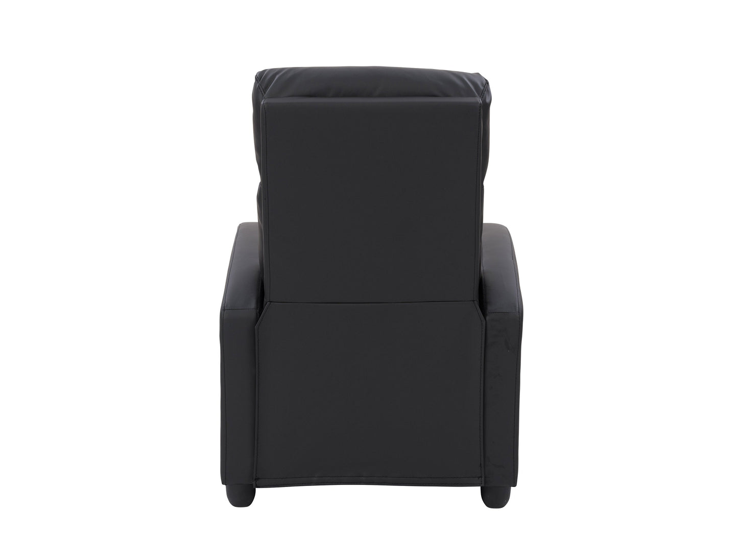 Black push back recliner with sleek leather upholstery, cushioned armrests, and a reclining mechanism for optimal comfort. Ideal for living rooms, home theaters, or offices.
