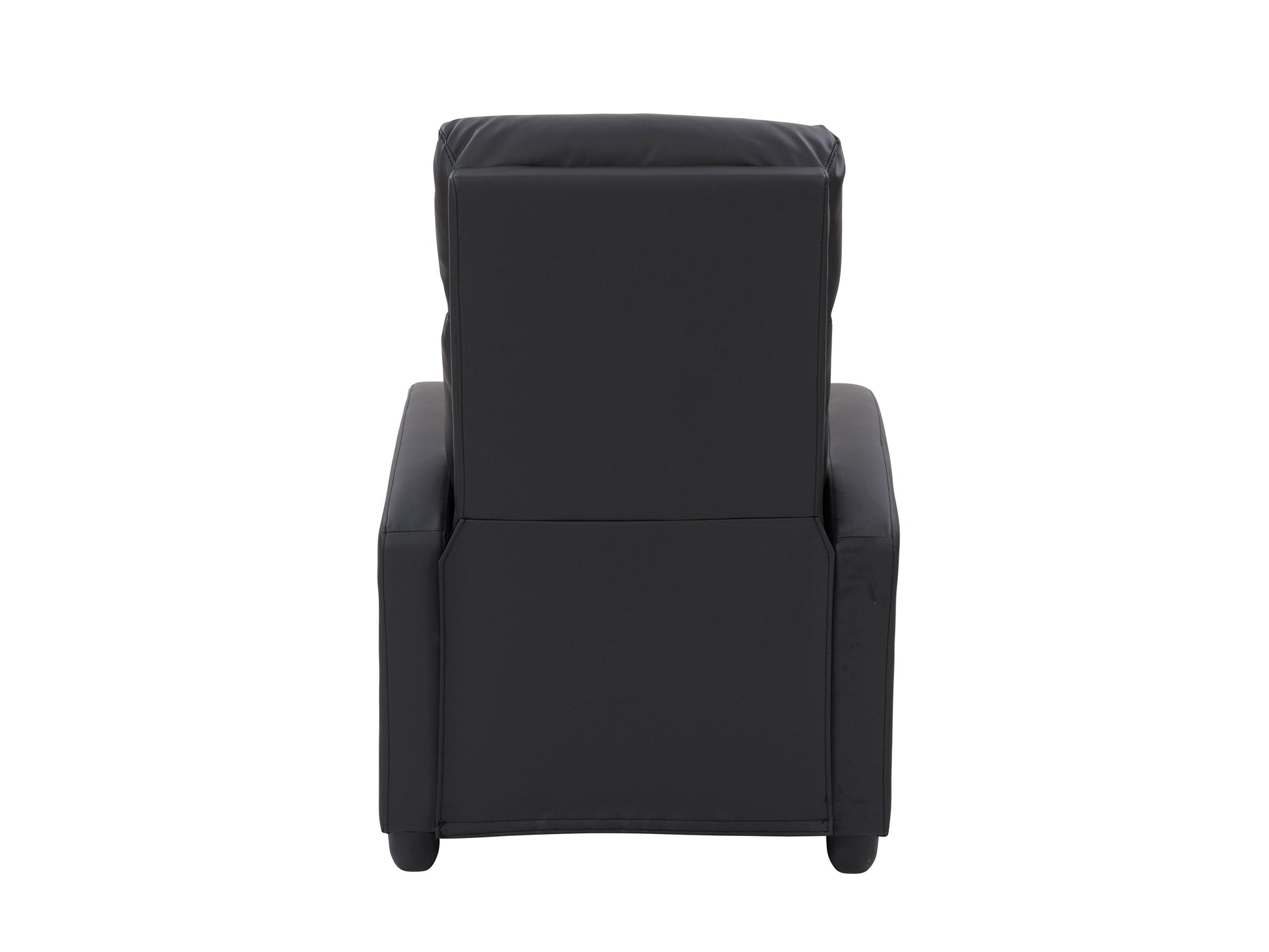 Black push back recliner with sleek leather upholstery, cushioned armrests, and a reclining mechanism for optimal comfort. Ideal for living rooms, home theaters, or offices.