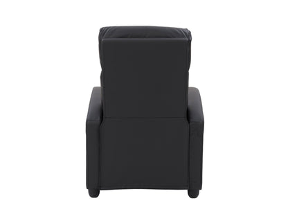 Black push back recliner with sleek leather upholstery, cushioned armrests, and a reclining mechanism for optimal comfort. Ideal for living rooms, home theaters, or offices.