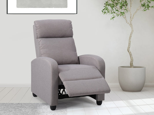 Light grey push back recliner with plush cushioning, sleek armrests, and a modern design. Upholstered in soft fabric with a sturdy wooden frame, perfect for living room comfort and relaxation.