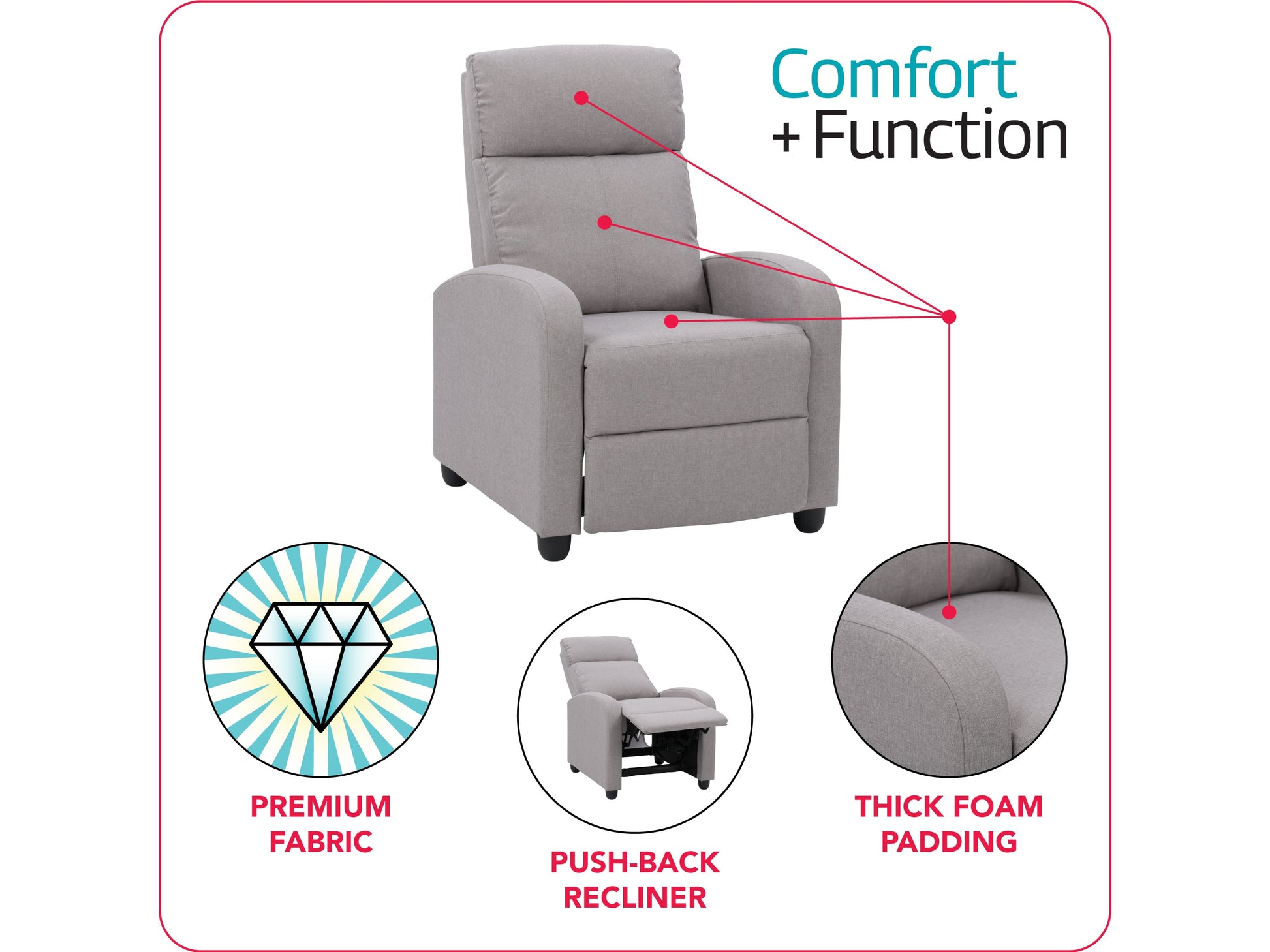 Light grey push back recliner with plush cushioning, sleek armrests, and a modern design. Upholstered in soft fabric with a sturdy wooden frame, perfect for living room comfort and relaxation.