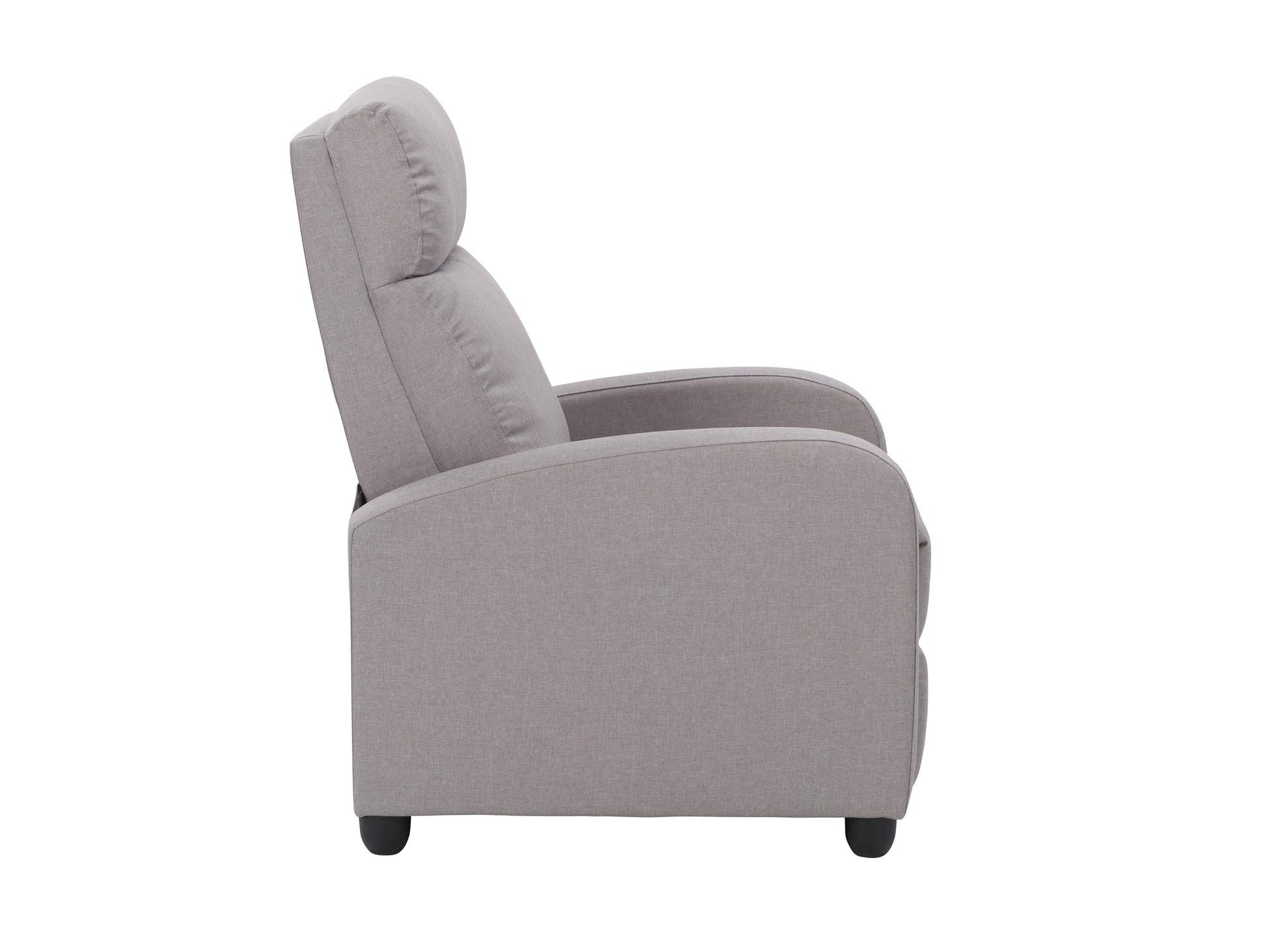 Light grey push back recliner with plush cushioning, sleek armrests, and a modern design. Upholstered in soft fabric with a sturdy wooden frame, perfect for living room comfort and relaxation.