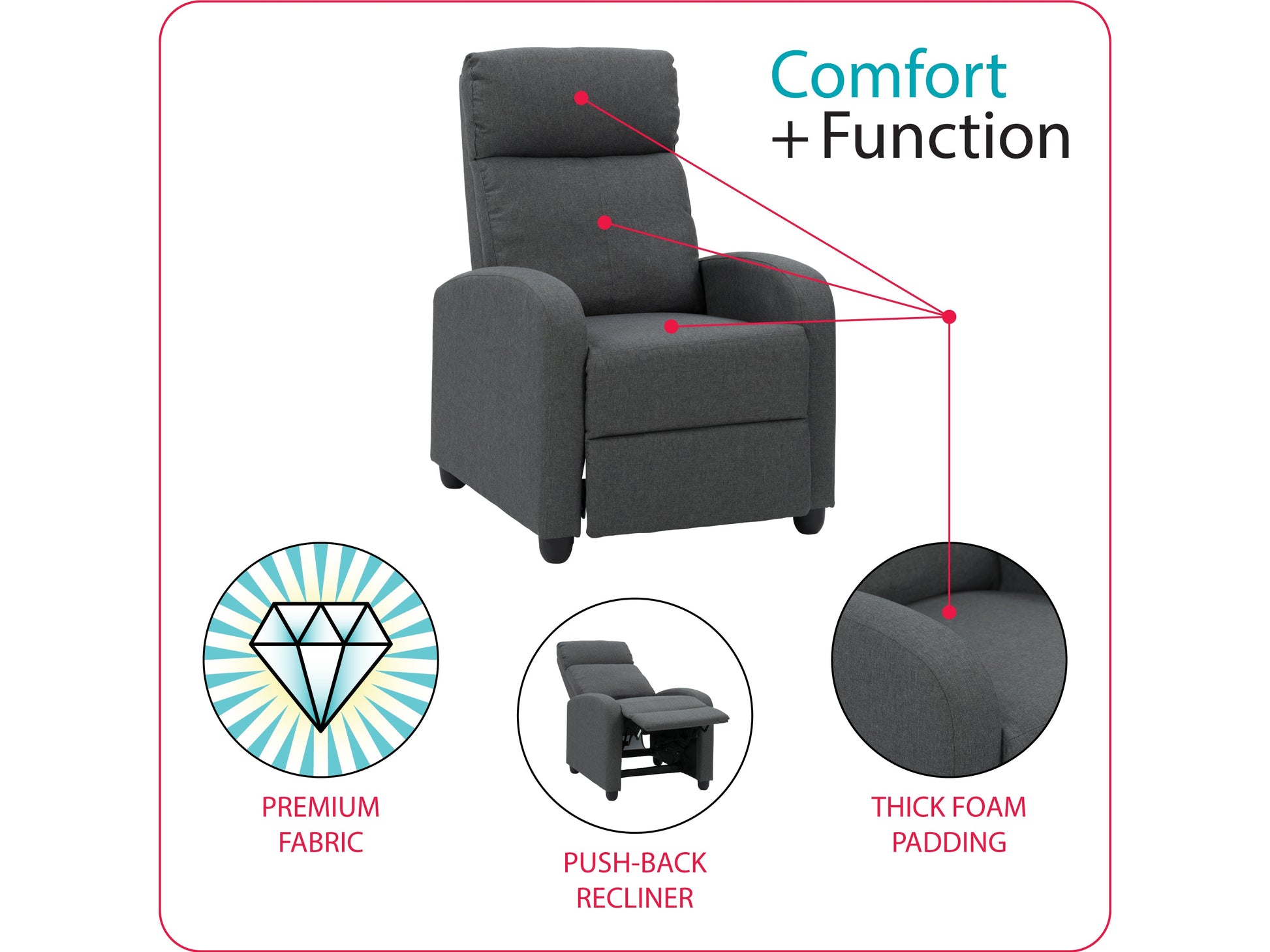 Dark grey push back recliner with plush cushioning, sleek armrests, and durable fabric upholstery. Ideal for living rooms, this comfortable and stylish chair features a reclining mechanism for ultimate relaxation.