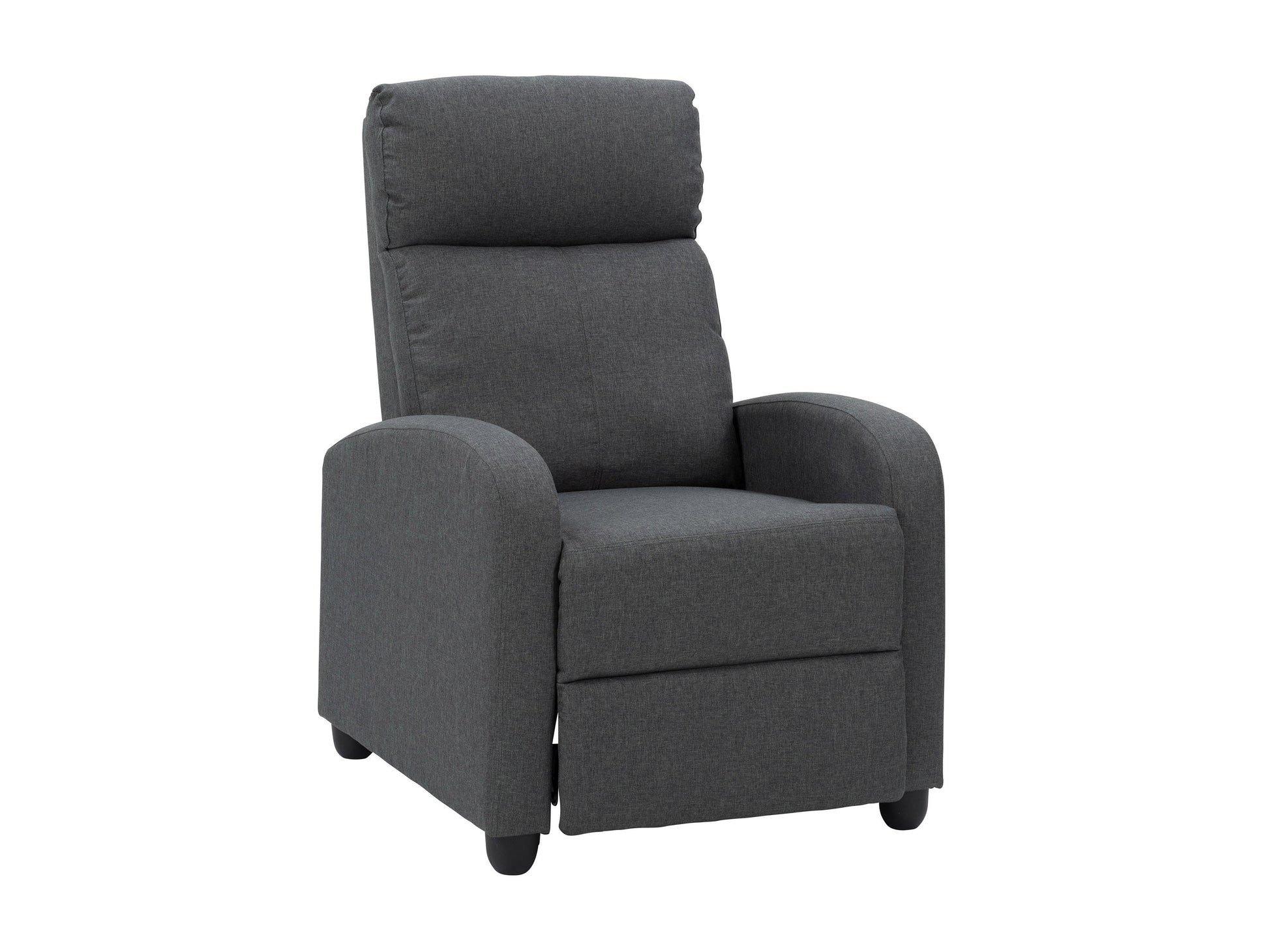 Dark grey push back recliner with plush cushioning, sleek armrests, and durable fabric upholstery. Ideal for living rooms, this comfortable and stylish chair features a reclining mechanism for ultimate relaxation.