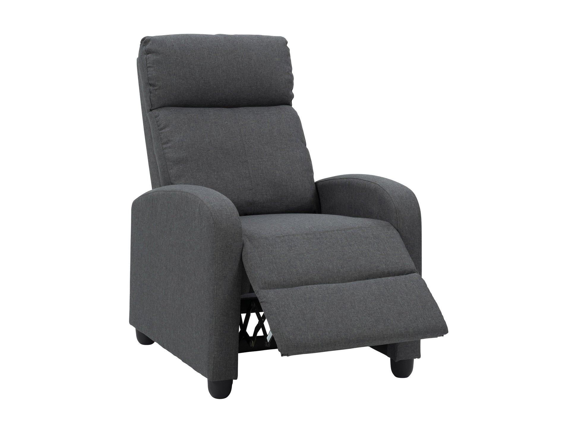 Dark grey push back recliner with plush cushioning, sleek armrests, and durable fabric upholstery. Ideal for living rooms, this comfortable and stylish chair features a reclining mechanism for ultimate relaxation.
