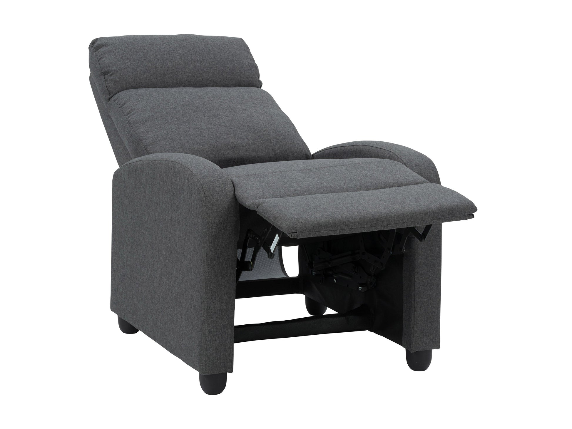 Dark grey push back recliner with plush cushioning, sleek armrests, and durable fabric upholstery. Ideal for living rooms, this comfortable and stylish chair features a reclining mechanism for ultimate relaxation.