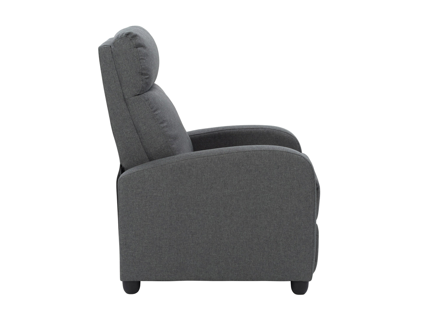 Dark grey push back recliner with plush cushioning, sleek armrests, and durable fabric upholstery. Ideal for living rooms, this comfortable and stylish chair features a reclining mechanism for ultimate relaxation.