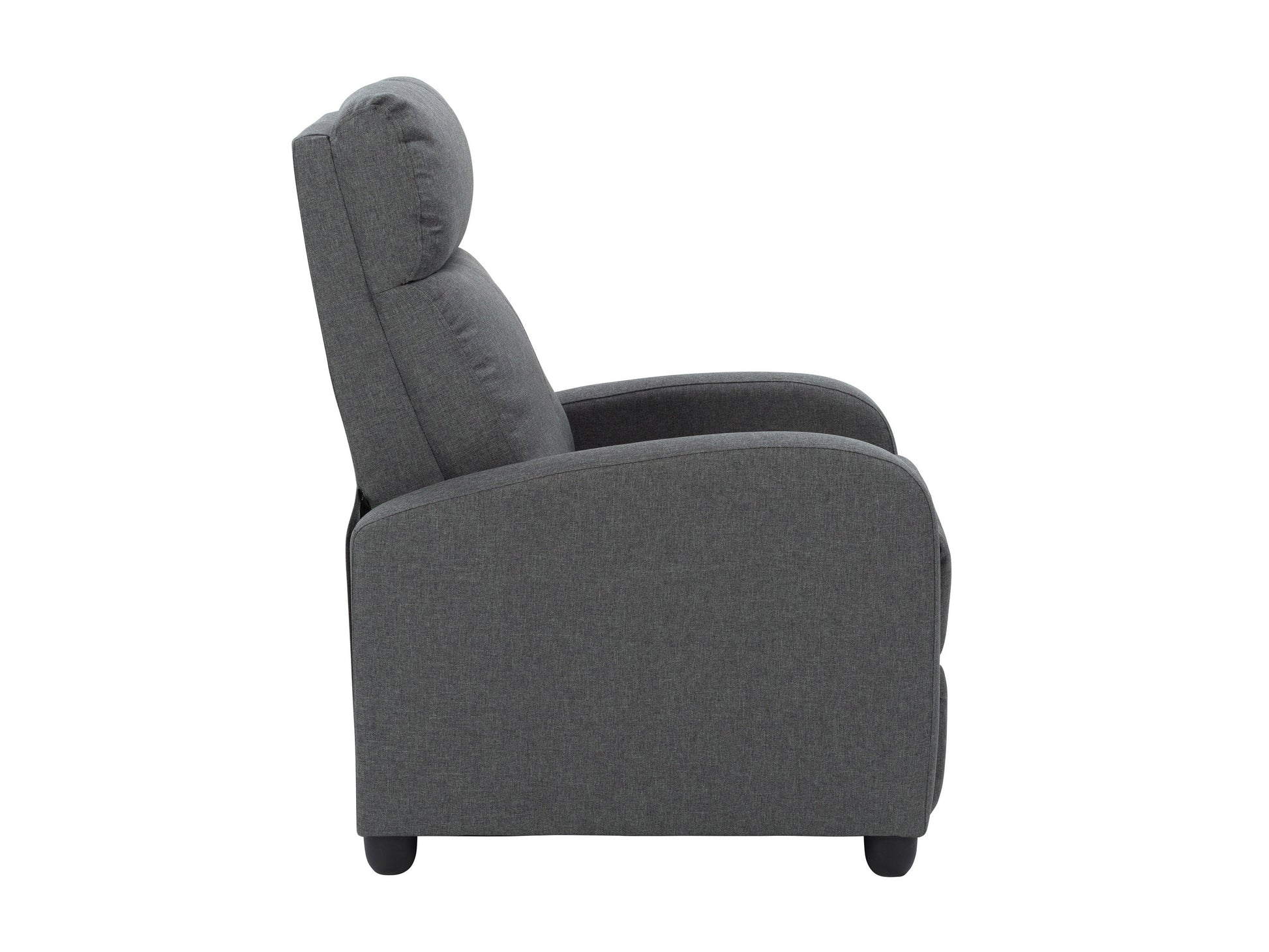 Dark grey push back recliner with plush cushioning, sleek armrests, and durable fabric upholstery. Ideal for living rooms, this comfortable and stylish chair features a reclining mechanism for ultimate relaxation.