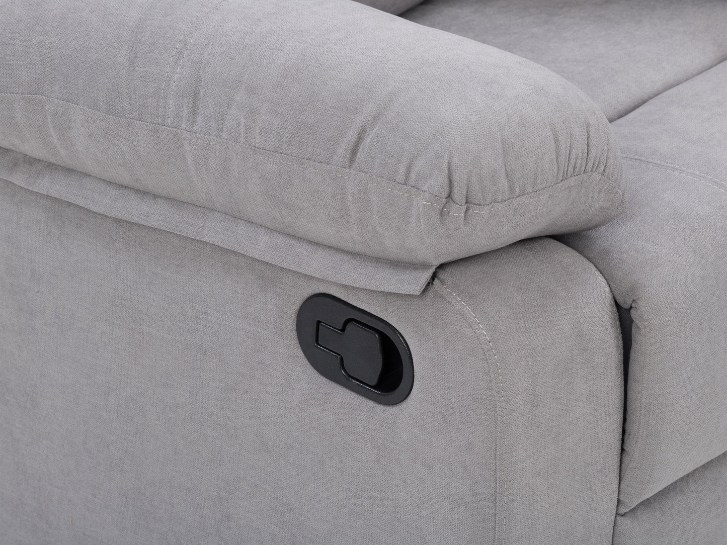 Extra wide light grey recliner with plush fabric, padded armrests, and a smooth reclining mechanism, perfect for living room comfort and relaxation.