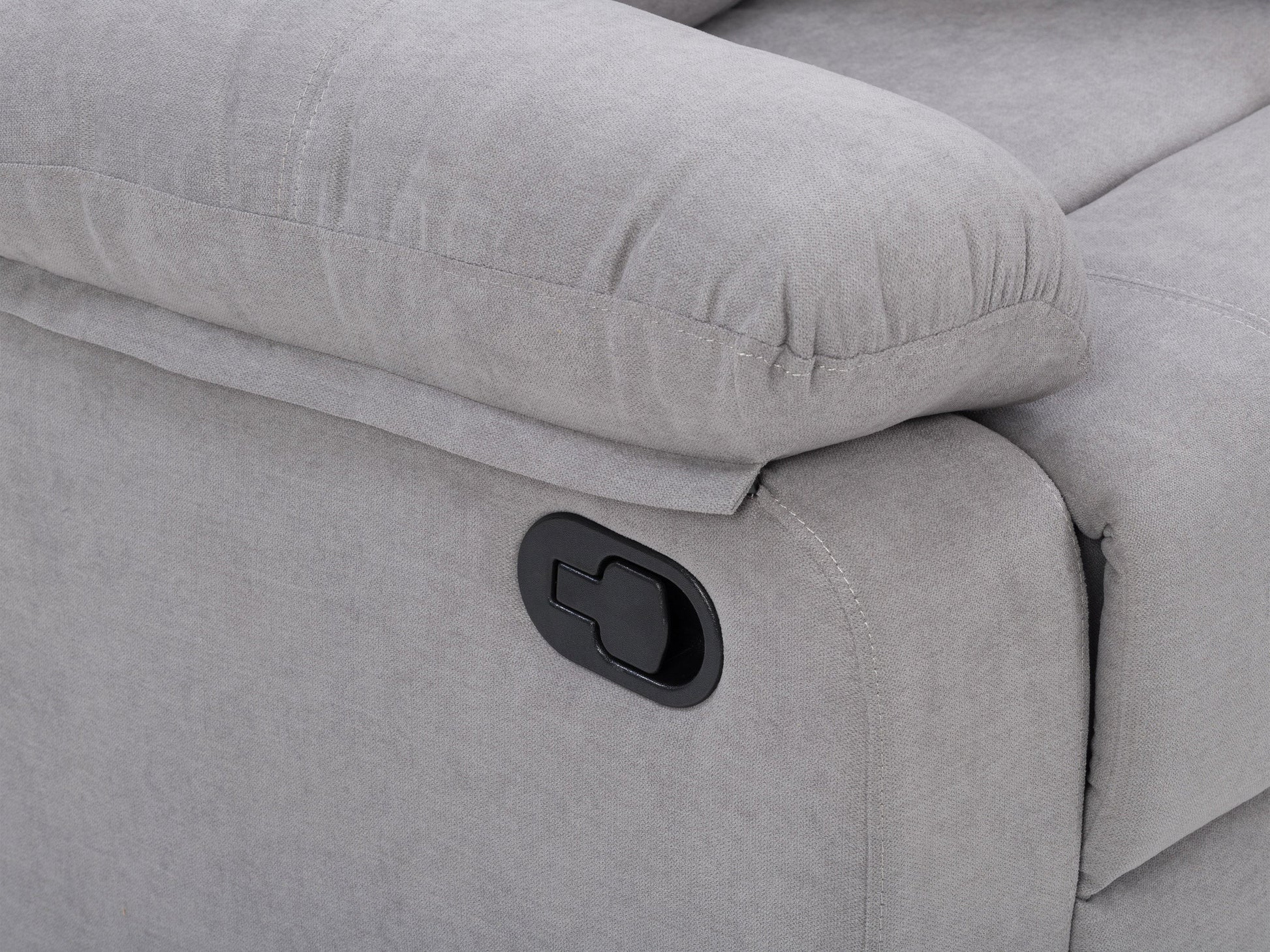 Extra wide light grey recliner with plush fabric, padded armrests, and a smooth reclining mechanism, perfect for living room comfort and relaxation.