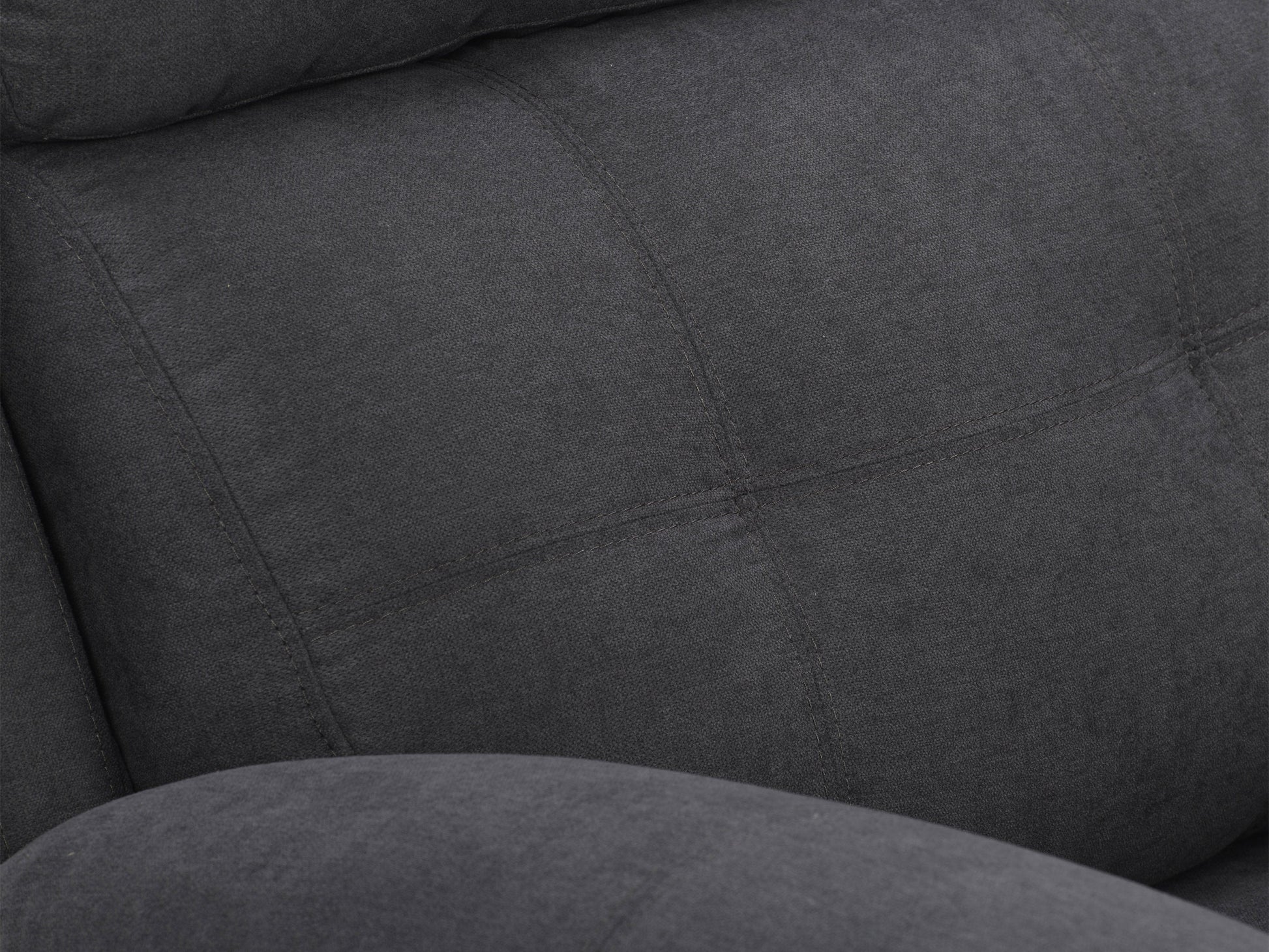 Dark grey 2 seater recliner sofa with plush cushions, soft fabric upholstery, and manual reclining mechanism. Perfect for living rooms or home theaters, offering comfort and style with a modern design.
