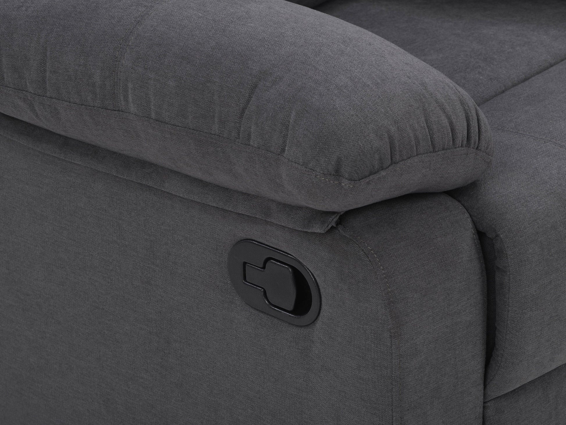Dark grey 2 seater recliner sofa with plush cushions, soft fabric upholstery, and manual reclining mechanism. Perfect for living rooms or home theaters, offering comfort and style with a modern design.