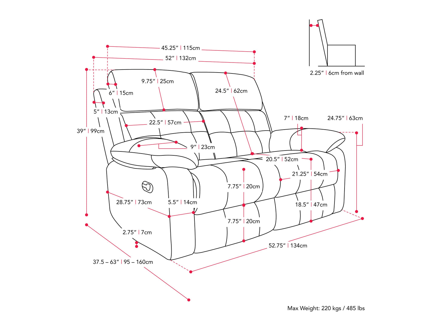 Dark grey 2 seater recliner sofa with plush cushions, soft fabric upholstery, and manual reclining mechanism. Perfect for living rooms or home theaters, offering comfort and style with a modern design.