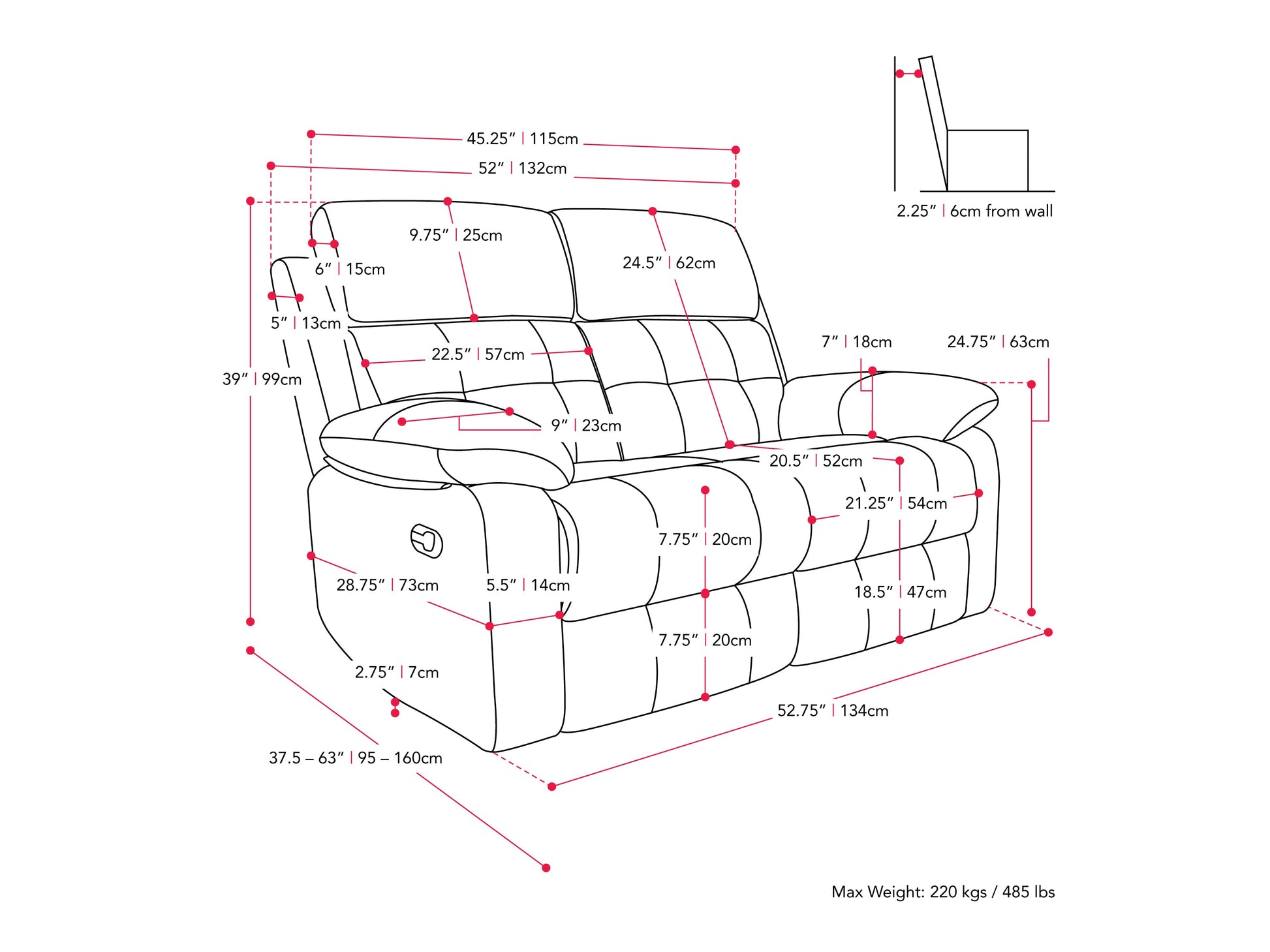 Dark grey 2 seater recliner sofa with plush cushions, soft fabric upholstery, and manual reclining mechanism. Perfect for living rooms or home theaters, offering comfort and style with a modern design.