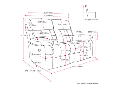Dark grey 2 seater recliner sofa with plush cushions, soft fabric upholstery, and manual reclining mechanism. Perfect for living rooms or home theaters, offering comfort and style with a modern design.